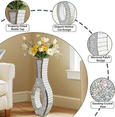 Ваза для квітів напольна 68 см, срібна ваза з кристалом для пампас трави, скляна ваза з дзеркальними діамантами, декоративна розкішна блискуча ваза для вітальні, декор інтер'єру – не для води (13L x 12.5B x 76.5H cm)