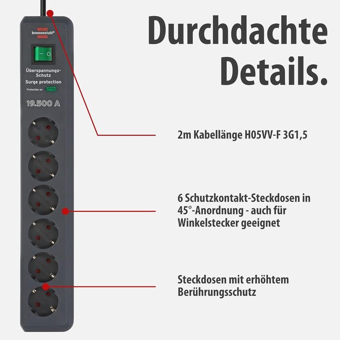 Бренненштуль Secure-Tec Мережевий фільтр 6 виходів із захистом від перенапруги (сірий)