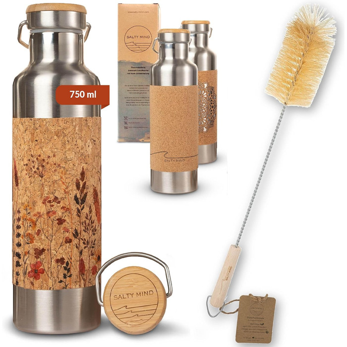 Stainless Steel Water Bottle 750ml - Sustainable, insulated Thermo Water Bottle made of Stainless Steel, leak-proof - Iso Bottle without harmful substances, BPA free - Thermos Drinking Bottle (Floral Print) (Flowers (Print) + Bottle Brush)