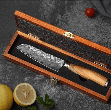 Японський ніж Santoku Zayiko Minami Premium з 12 см лезом з дамаської сталі 67 шарів, ручка з оливкового дерева, дерев'яна коробка. Кухонний ніж для професіоналів та дому без гравіювання