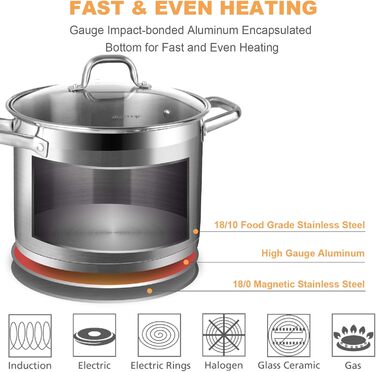 Набір кухонного посуду Duxtop Whole-Clad 3-шаровий нержавіюча сталь, індукційний, 10 предметів (8.6 літра)