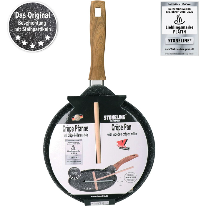 STONELINE Back to Nature Crepe Pan Induction 25 cm, Omelette Pan coated with real stone particles, Pancake/Pancake Pan Non-Stick, Fat-Free Frying, All Cooktops, Wood-Look