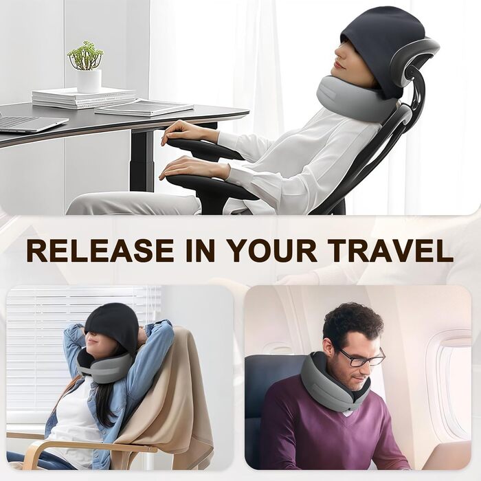 Подушка для шиї у літак з капюшоном, Memory Foam, сіра. Подушка для подорожей, авто, дорослих. З навушниками.