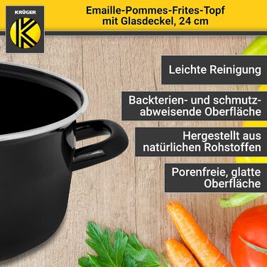 Каструля Krüger для фритюру, емальована, з хромованим обідком, ситом і скляною кришкою, 24 см — для смаження картоплі фрі, кальмарів, ідеальна теплопровідність