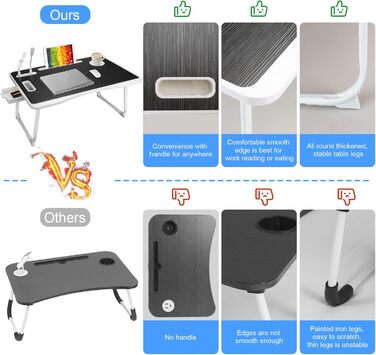 Стіл для ноутбука в ліжко, складний з USB, ручка, кишеня для карток, тримач для напоїв, висувна шухляда, портативний стіл для їжі, читання та роботи в ліжку (Чорний)