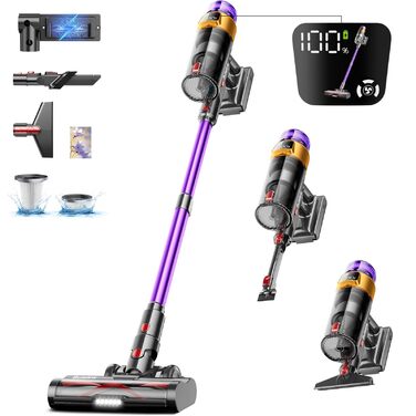 Бездротовий акумуляторний пилосос 50000Pa/600W/65 хвилин, 1,8L з OLED-дисплеєм. Вертикальний пилосос без перекручування шнура, 8-шарова фільтрація, підходить для твердих підлог, килимів та шерсті тварин