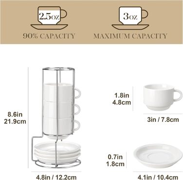 Набір чашок еспресо MALACASA 4 шт., 75 мл, з підставками та стійкою, біле порцелянове виробництво Італії, сумісні з посудомийною машиною, серія Regular 75 мл