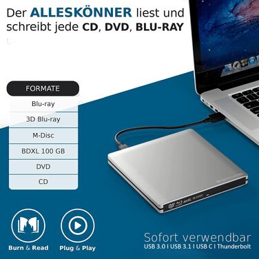 Зовнішній Blu-ray привід techPulse120 USB 3.1 Type-C M-Disc BDXL записувач та плеєр CD/DVD/BD Slim для PC, Notebook, Mac OS, MacBook Pro/Air, алюміній, срібло