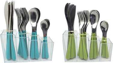 EXZACT Cutlery Set with Stand / 24 PCS Stainless Steel Cutlery Set in a Plastic Holder - Colored Handles - 6 x Forks, 6 x Knives, 6 x Spoons, 6 x Teaspoons - Green (EX153 x 24)