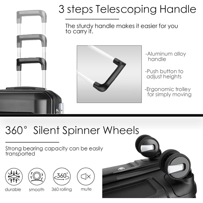 Чохол-валіза Sea Choice з розширенням, ручна поклажа, 4 шт. у наборі, 100% PP, 360° колеса, TSA-замок (Чорний)