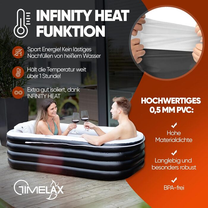 Надувна ванна TIMELAX® XL з ергономічною спинкою | 0,5 мм PVC, без BPA | Мовна, розкладна, для дорослих, чорна