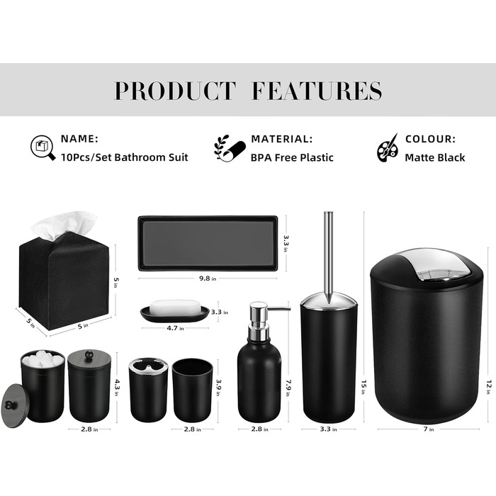Набір аксесуарів для ванної кімнати Alpiriral, 10 предметів: сміттєвий бак, дозатор мила, тримач для зубних щіток, мильниця, ватний диск, тримач для ватних паличок, тримач для унітазу