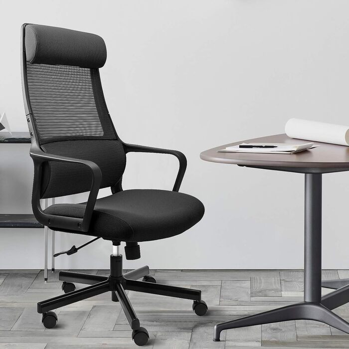 Ергономічне крісло для офісу з регульованою підголівником, крісло для робочого столу з широким сидінням, підтримкою попереку, офісне крісло 200 кг, сітчасте крісло, крісло для дому та офісу, комп'ютерне крісло EN 1335 (Чорний)