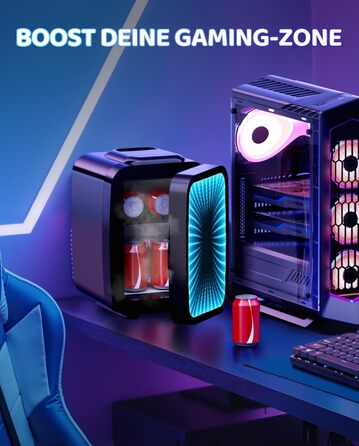 Міні холодильник MF01C з 7 режимами підсвічування та ефектом миготливої вивіски, тиха функція охолодження/підігріву, AC/DC, 4L/6 банок, для ігрової кімнати, спальні, офісу та авто, чорний