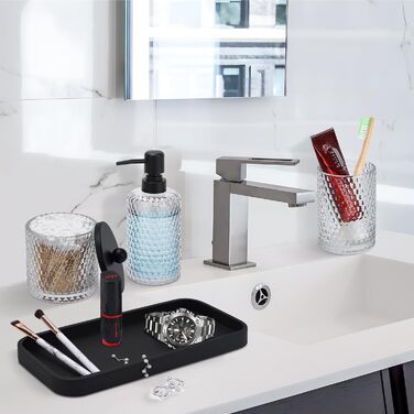 Набір аксесуарів для ванної кімнати, 4 шт., янтарне скло: диспенсер для мила, тримач для зубних щіток, контейнер для ватних паличок та піднос з штучного каміння. Організатор для стільниці, янтарний колір (прозорий та матовий чорний піднос)