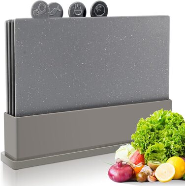 Myiosus набір обробних дощок з пластику, 4 шт. зі стійкою, BPA Free, стійкі до подряпин, для м'яса, овочів, фруктів, підходять для посудомийної машини, індексовані кухонні дошки