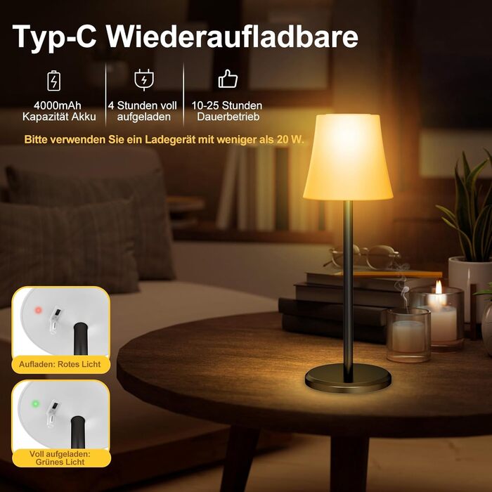 Бездротова LED лампа Suright для столу з регулюванням яскравості, 3 кольори + RGB, сенсорне керування, водонепроникність IP54, для ресторану, спальні, вечірки, кемпінгу, кав'ярні