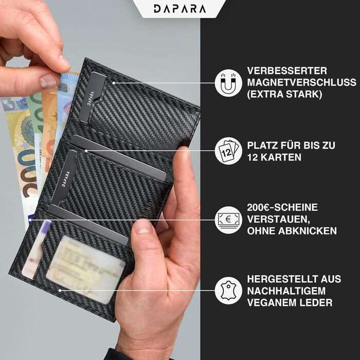 Чоловічий гаманець DAPARA з RFID-захистом | Тонкий гаманець для чоловіків з відділом для монет | Гаманець-картхолдер на 12 карт | Чоловічий гаманець з карбону - чорний