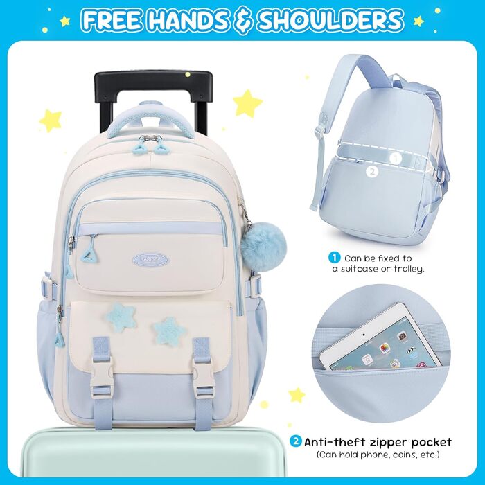 Дитячий рюкзак для школи 3-5 клас, великий рюкзак з помпоном та зірочками, легкий рюкзак-тележка для підлітків, блакитний