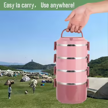 SANQIAHOME 4-Layer Multi-Layer Stackable Stainless Steel Lunch Box, Leak-Proof, Pink