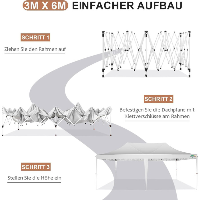 COBIZI Pavilion 3x3 Waterproof Stable Winter-Proof Party Tent 3x3 with 4 Side Walls Pop Up Folding Pavilion UV Protection 50+ Garden Pavilion With Handbag, 8X Pegs and 4X Wind Rope, (White, 3x6 m)