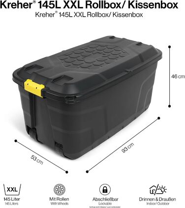Kreher XXL контейнер для зберігання 145 л з кришкою на замку, на колесах, водонепроникний, пластик, 93x53x46 см