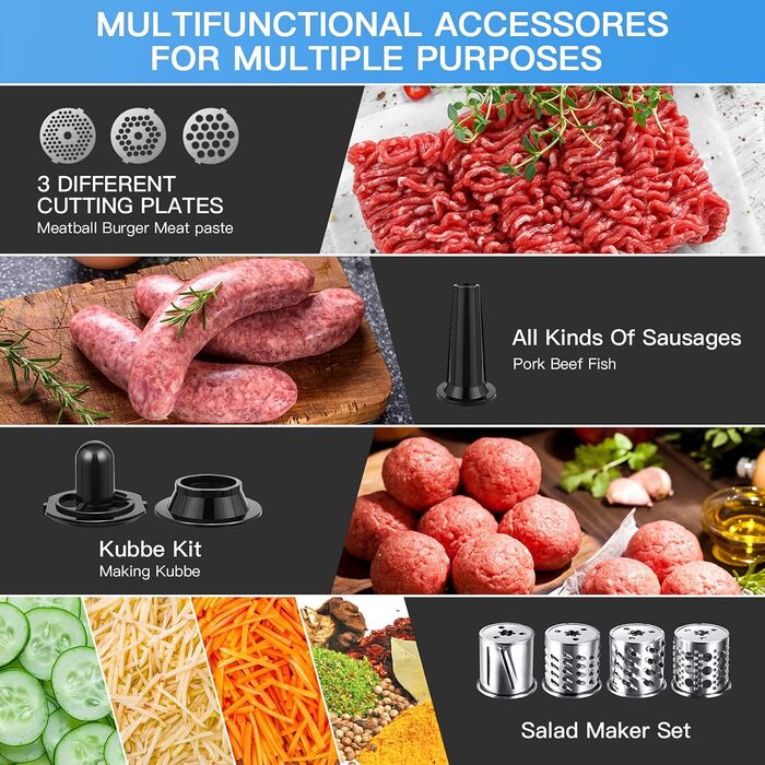 М'ясорубка електрична Profi 2000 Вт з насадками для ковбас, печива та кібе. 3 диски з нержавіючої сталі, 4 ножі. Для м'яса, овочів, сиру та тіста, Чорна