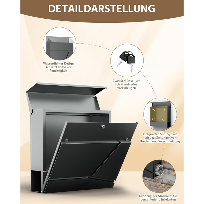 Поштовий ящик Edestahl Anthrazit з газетницею (37x37x10 см), персоналізований з табличкою для імені, вуличний, захист від реклами