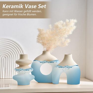 Set of 3 Ceramic Vases for Pampas Grass - Modern Round Decorative Vases for Home Decor, Wedding Centerpieces