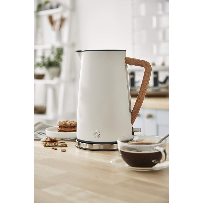 Swan Nordic Ultra Fast Electric Kettle - Wireless, Modern Design, 1.7L, 2200W, Wood-Look Handle, Auto Shut-Off, White - Single Serve