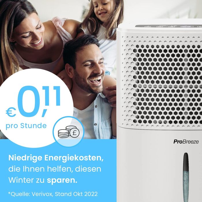 Pro Breeze Dehumidifier 12L in 24h Dehumidification Performance - Room Size approx. 120m³ (~20 m²) - with 3 Operating Modes, Digital Display, Drain Hose, Timer - Against Humidity, Mould White
