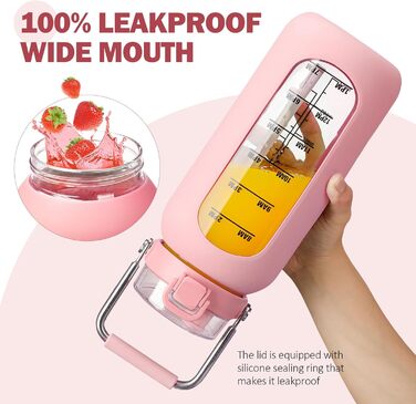 BLUEGO 2000ml Glass Water Bottle with Stainless Steel Handle and Time Marker 2L Motivation Glass Dryer with Silicone Sleeve and Straw for Gym, Office, Outdoors, Sports Water Bottles BPA-free, (Pink)