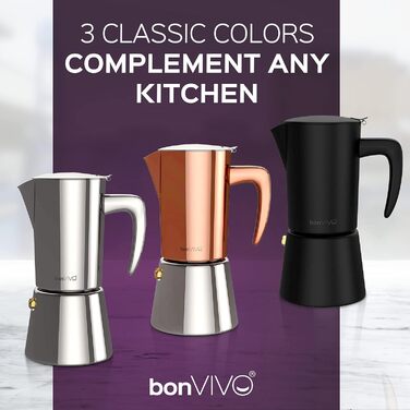 bonVIVO Espresso Maker Induction Compatible - Stainless Steel Coffee Maker in Black Finish w. Water Kettle & Filter - Moka Pot 6 Cups - 300 ml - Christmas Gifts for the Household Black 6 Cups - 300 ml