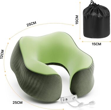 Подушка для шиї у подорожах, Memory Foam, ергономічна підтримка шиї | Подушка для шиї, подушка-ролик | Для подорожей, офісу, літака та дому, зелена