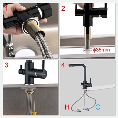 Кухонний змішувач 3-в-1 з поворотним виливом 360°, з двома важелями, для фільтрації води, гарячої та холодної води, високого тиску, з 3 шлангами 50 см, нержавіюча сталь, матовий чорний