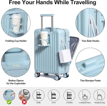 Валіза ручної поклажі Sea Choice з жорстким корпусом з PC, відділенням для ноутбука, USB-портом, 8 спін-колесами, замком TSA та тримачем для напоїв (1 шт., блакитний)