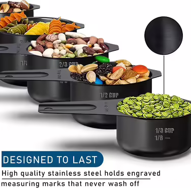 Stainless Steel Measuring Cups Wildone Metal Measuring Cup Set with easy-to-read markings for measuring dry or liquid ingredients 7-piece set (black)