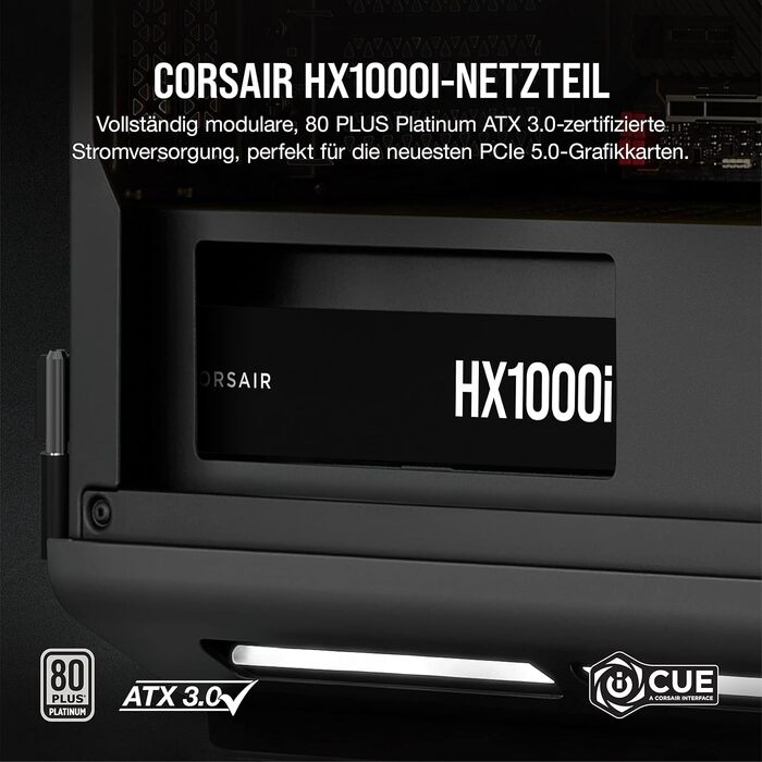 Блок живлення Corsair HX1000i 1000W ATX 3.1 PCIe 5.1, 80 Plus Platinum, повністю модульний, низький рівень шуму, iCUE, чорний
