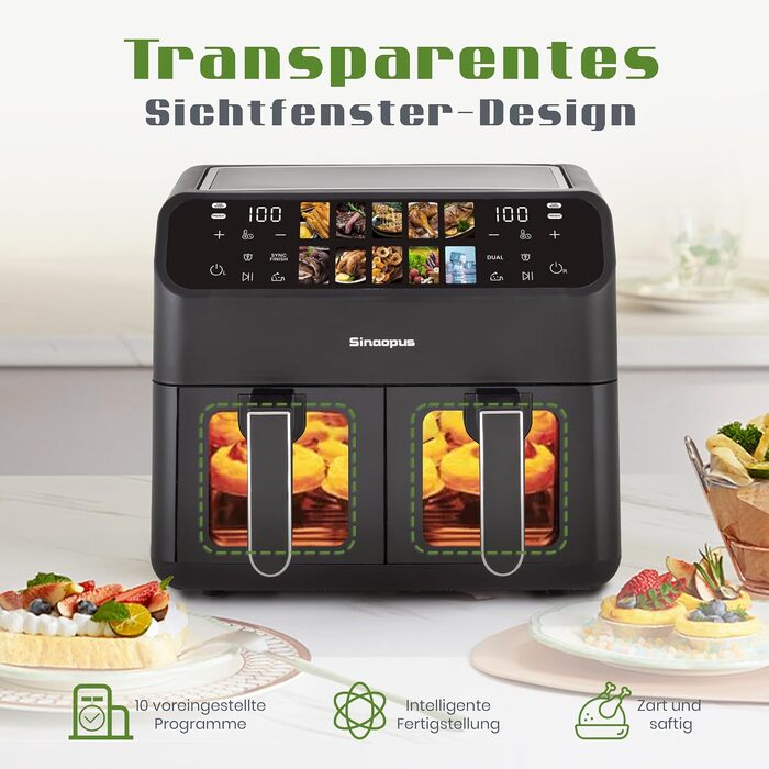 Аерофритюрниця Air Fryer 9л 2000 Вт, двокамерна фритюрниця з гарячим повітрям та термоізольованими ручками, чорна (901-schwarz)
