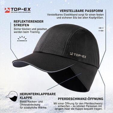 Водонепроникна шапка-кепка TOP-EX для жінок, зима, з відкидними вушками та отвором для хвостика, з флісовою підкладкою, для бігу, з відбиваючими елементами (95595#чорний, L-XL)
