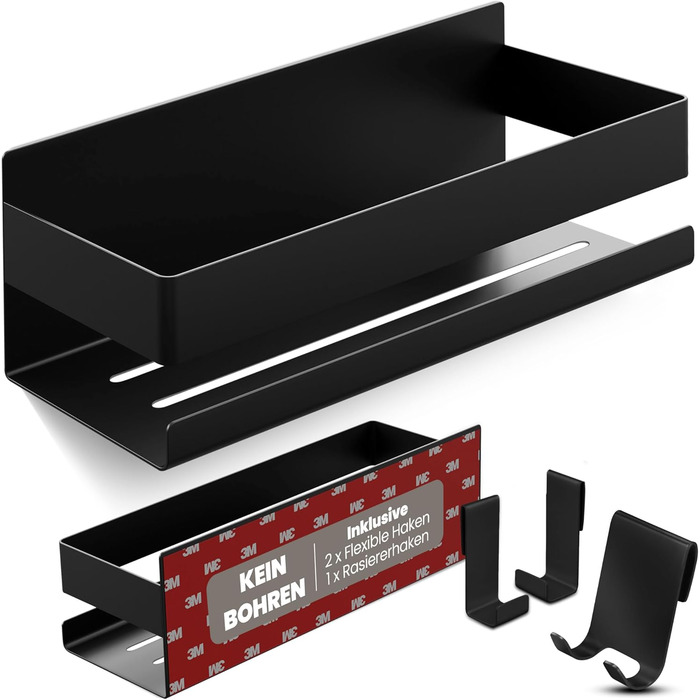 Поличка для душу без свердління, органайзер для ванної кімнати, полиця для душу, срібляста поличка з алюмінію (чорний/алюміній)