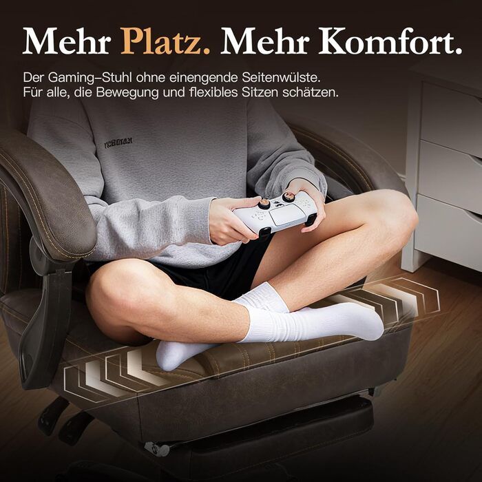 Ігровий крісло Dowinx з пружинним сидінням, Масажний геймерський крісло з підтримкою попереку, Ергономічне ігрове крісло з підніжкою, Офісне крісло з PU шкіри, Колір: Коричневий