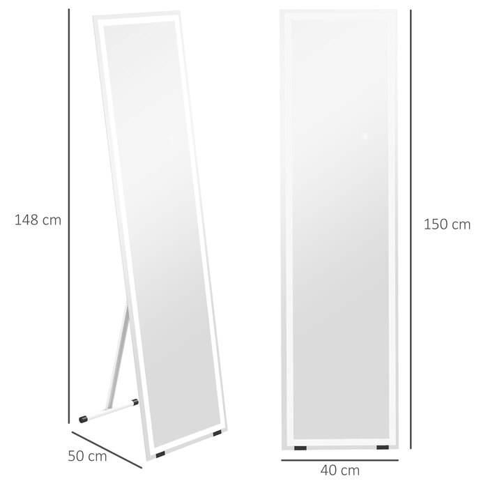 HOMCOM Full-Length Mirror 40x150cm Standing and Wall Mirror with LED Lighting, 3 Light Colors, Touch Switch in White