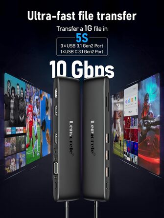 Lemorele Док-станція 12-в-1 з USB-C, 10Gbps, Dual 4K HDMI, VGA, USB 3.1/2.0, 100W PD, SD/TF, Audio для Windows, MacBook, Dell