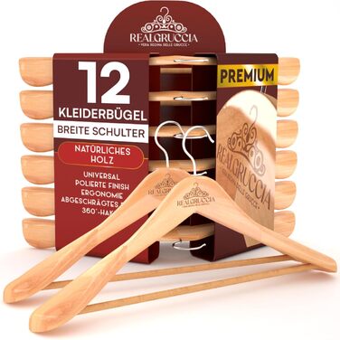 12 Wooden Clothes Hangers, Wide Shoulder, Wood Hangers, Natural Wood Color, Trousers and Shirts - RealGruccia with Trouser Bar, Polished Surface, Swivel Hook, Angled Profiles - 24x45cm
