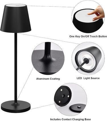 LED акумуляторні настільні лампи Klighten (2 шт.), диммування, для дому та вулиці, USB зарядка, 3000K, IP54, алюміній (чорний)