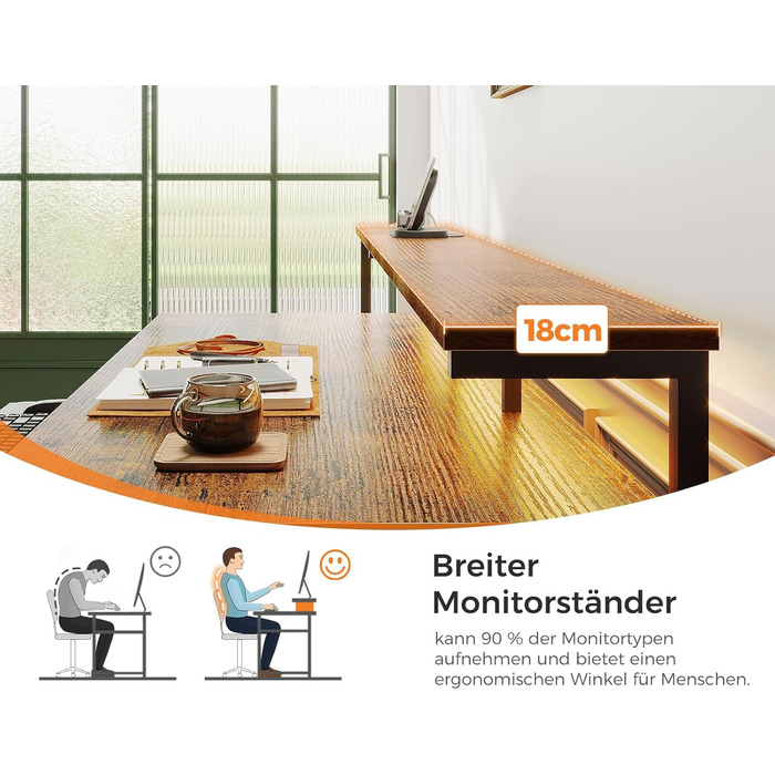 Ігровий стіл Coleshome з LED підсвічуванням, стіл для комп'ютера з ящиками з тканини, 2 розетки та 2 USB-порти, стіл для дому та офісу з підставкою для монітора (140x48 см, коричневий)