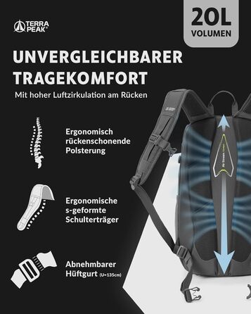 20L Flex 20 Premium Wanderrucksack (small) with back ventilation, hydration system & rain cover - Trekking backpack made of breathable 3D Air Mesh Polyester - Outdoor daypack with hip belt (Gray)