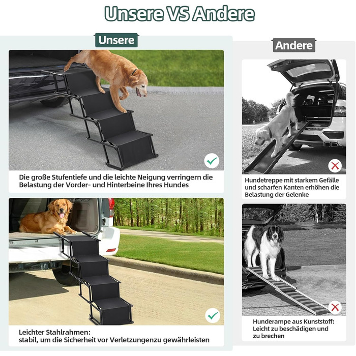 Folding Dog Ramp for Cars - 4 Step Pet Staircase, Up to 80kg, Black - Gentle on Joints
