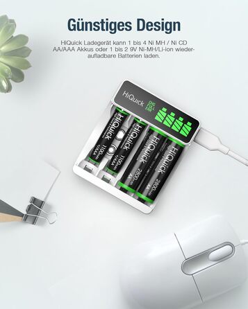 Швидкий зарядний пристрій HiQuick з LCD-дисплеєм для акумуляторів NI-MH NI-CD AA/AAA, 4 слоти, універсальний, для перезаряджуваних акумуляторів Mignon AA та Micro AAA